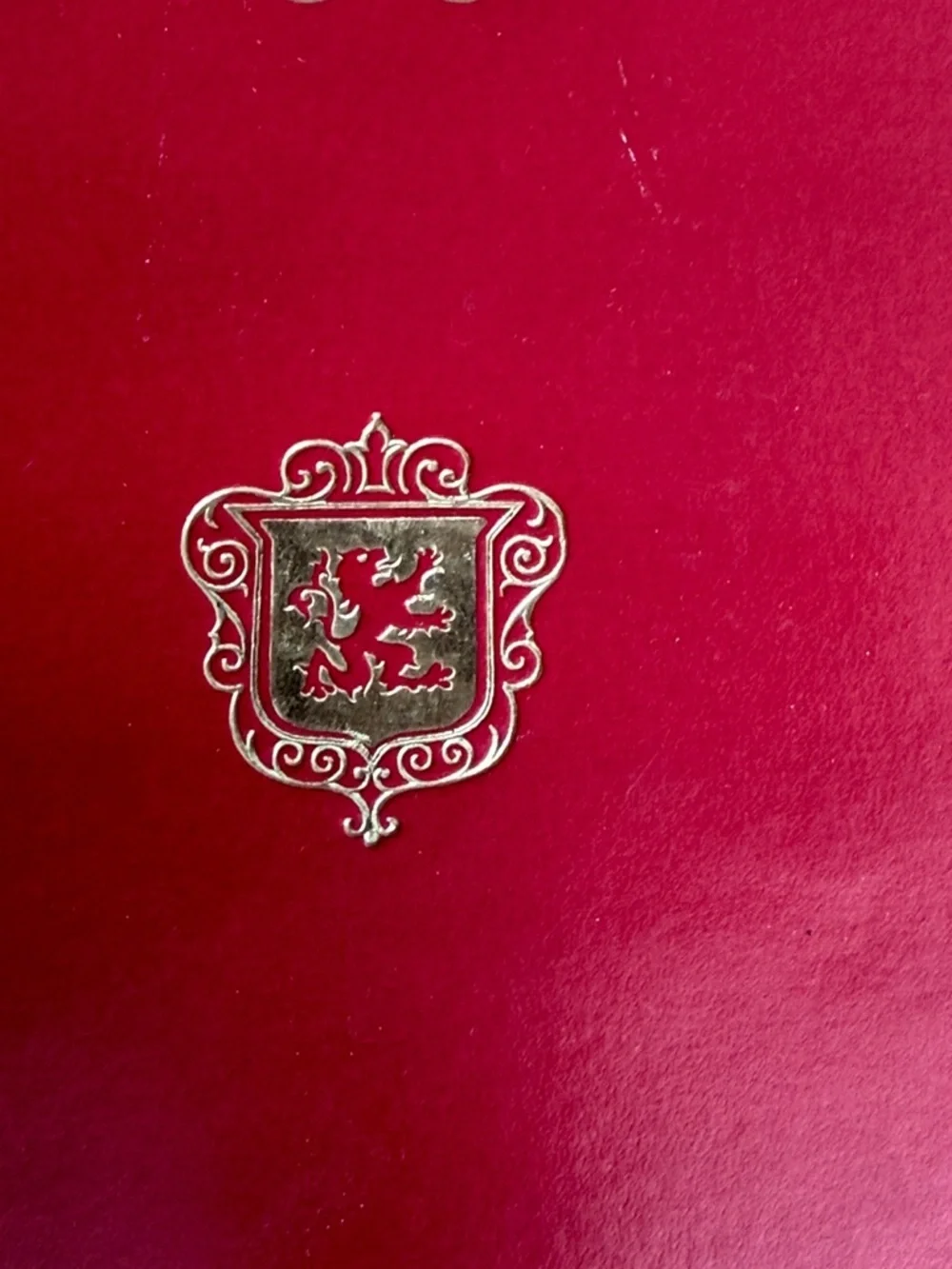 Vintage red scrapbook gold embossed scrollwork royal crest regal unused 15x10”